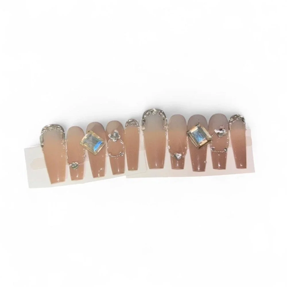 Luxury nude ombré press on nails with silver rhinestone detailing